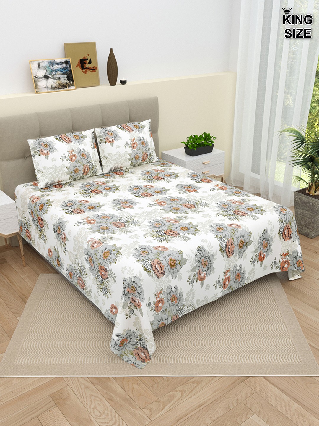 

DREAM WEAVERZ White & Grey Floral Cotton 220 TC King Bedsheet With 2 Pillow Covers