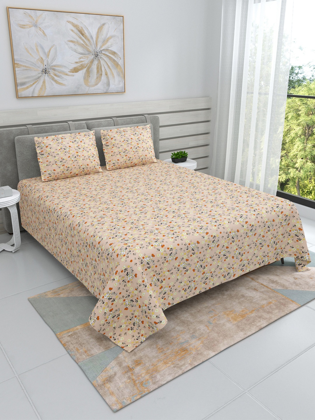 

DREAM WEAVERZ Pink & White Floral Cotton 220 TC King Bedsheet With 2 Pillow Covers