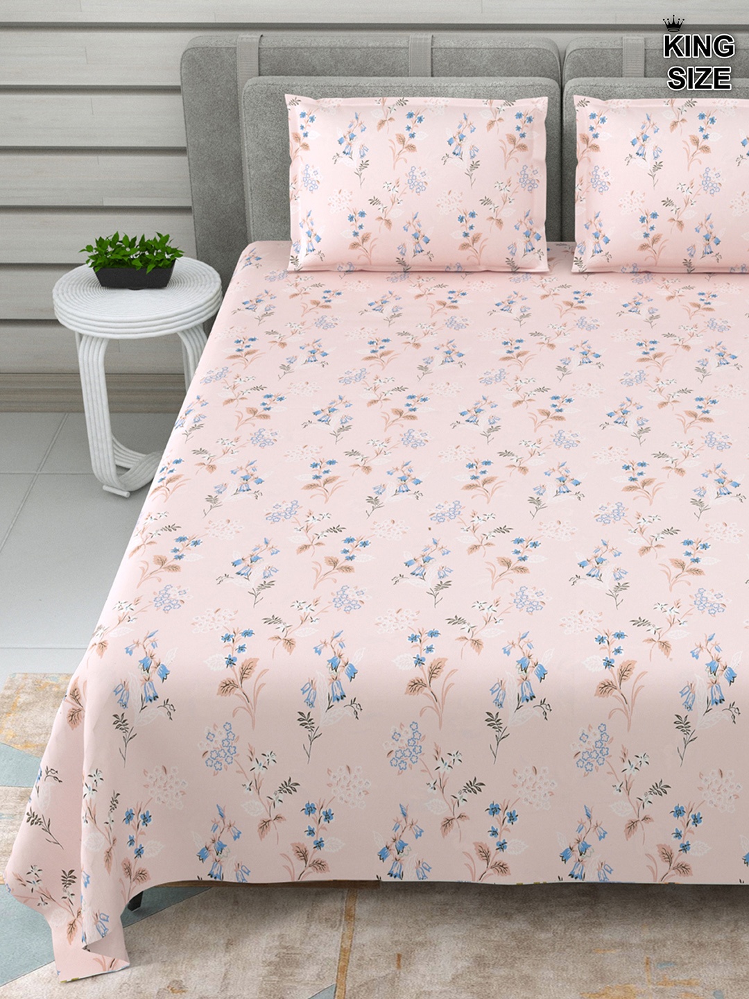 

DREAM WEAVERZ Baby Pink & Blue Floral Cotton 220 TC King Bedsheet With 2 Pillow Covers