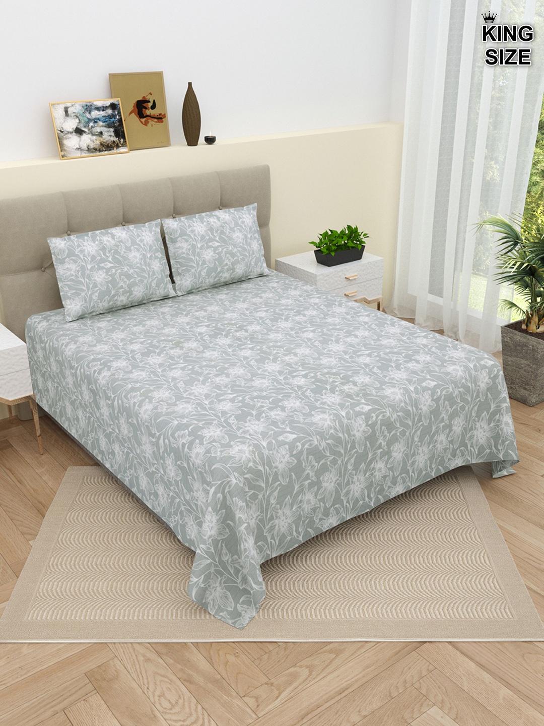 

DREAM WEAVERZ Green & White Floral Pure Cotton 220 TC King Bedsheet With 2 Pillow Covers