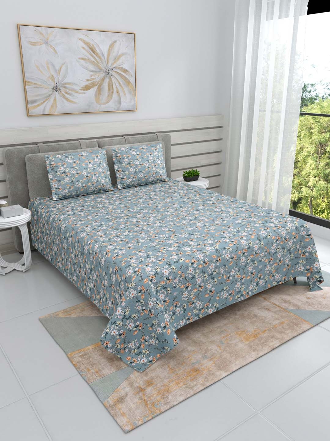 

DREAM WEAVERZ Blue & White Floral Pure Cotton 220 TC King Bedsheet With 2 Pillow Covers