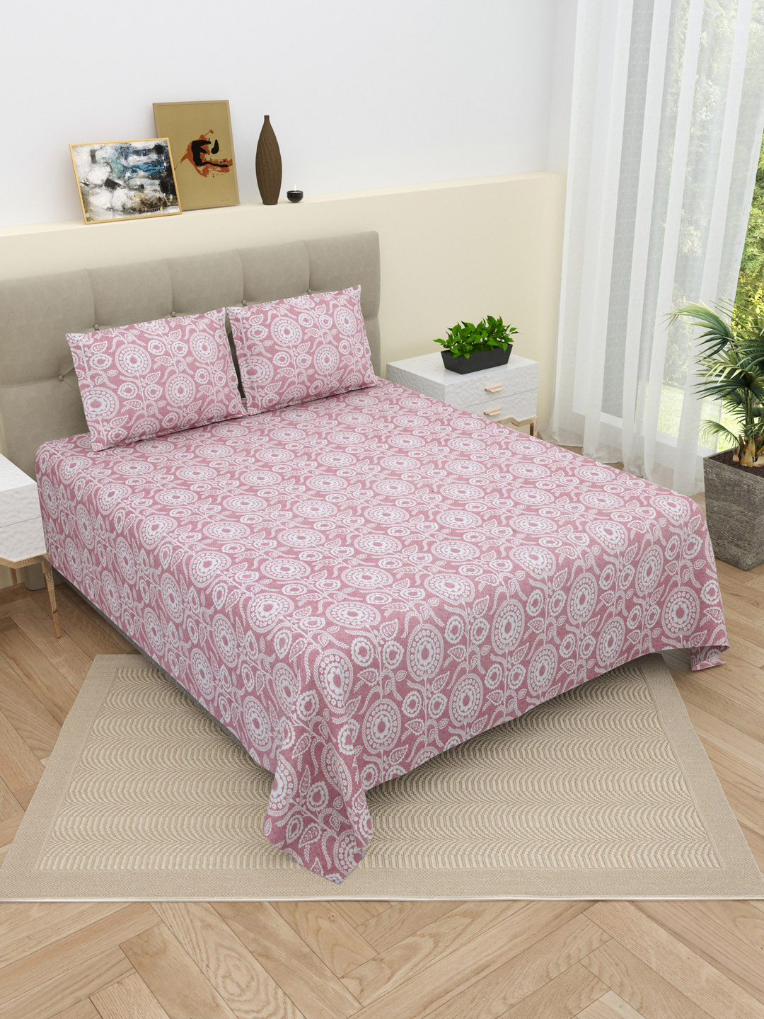 

DREAM WEAVERZ Pink & White Floral Pure Cotton 220 TC King Bedsheet With 2 Pillow Covers