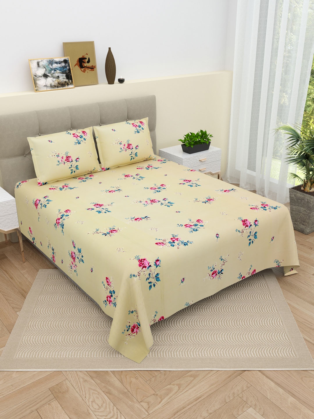 

DREAM WEAVERZ Yellow & Pink Floral Pure Cotton 220 TC King Bedsheet With 2 Pillow Covers