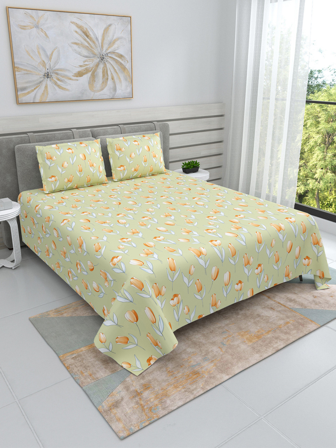 

DREAM WEAVERZ Yellow Printed Cotton 220 TC King Bedsheet with 2 Pillow Covers