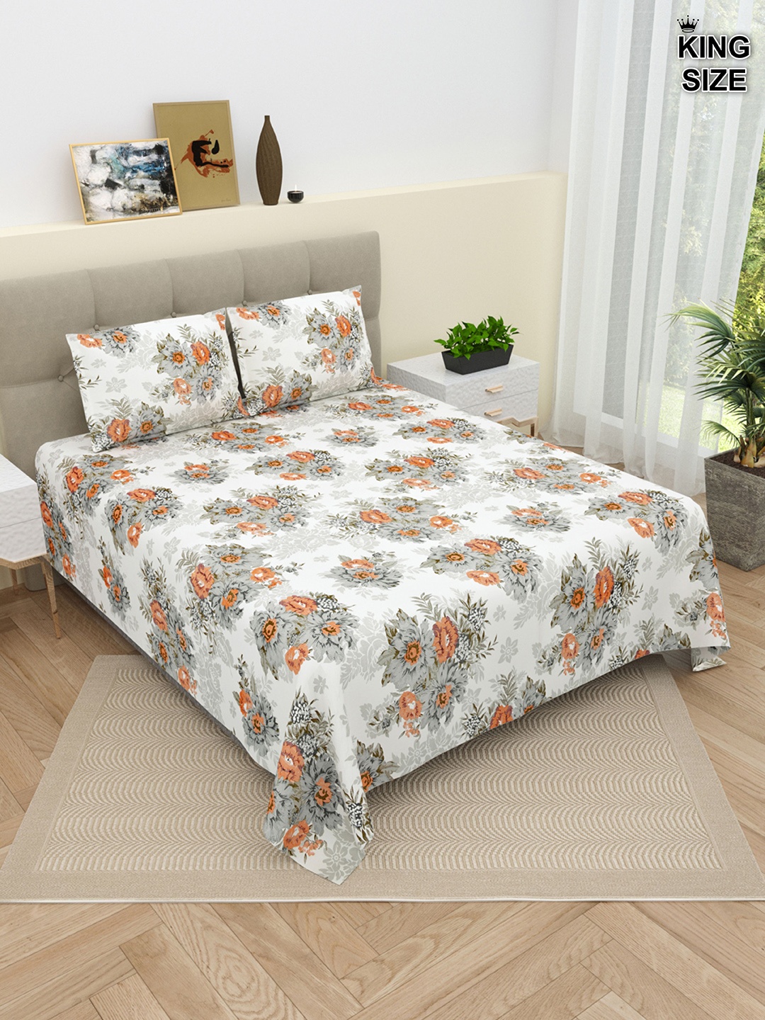 

DREAM WEAVERZ White & Grey Printed Cotton 220 TC King Bedsheet with 2 Pillow Covers