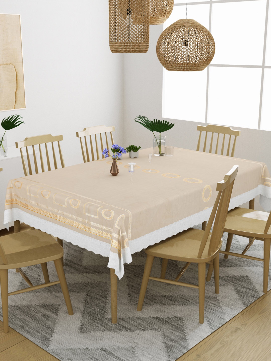 

DREAM WEAVERZ Beige Printed 6-Seater Table Cover, Gold
