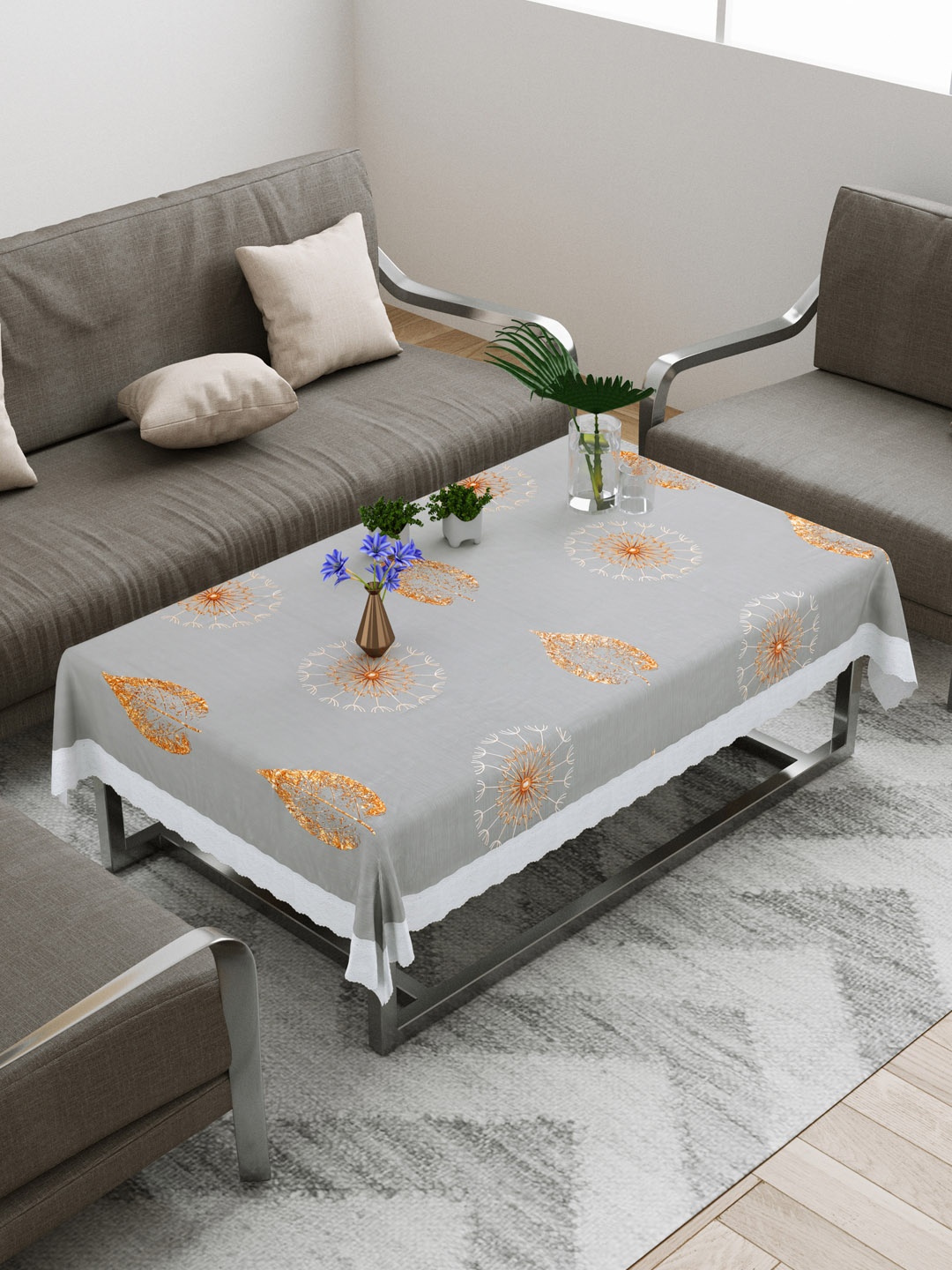 

DREAM WEAVERZ Grey Printed PVC Anti-Slip 4-Seater Table Cover