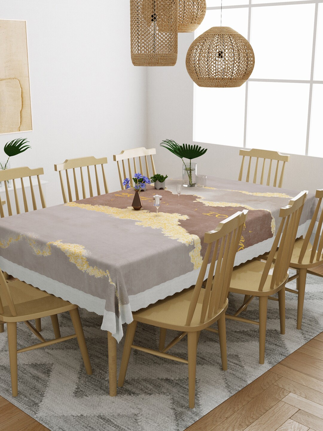 

DREAM WEAVERZ Grey & Brown Printed PVC Anti-Slip 8-Seater Table Cover, Orange