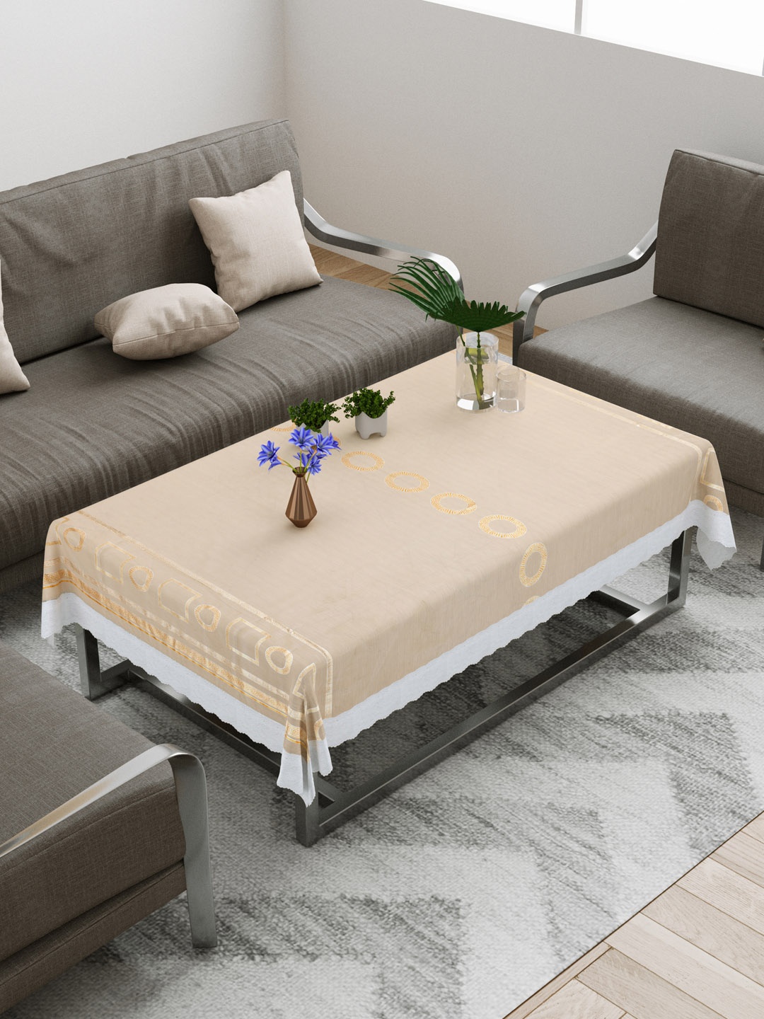 

DREAM WEAVERZ Beige Printed PVC Anti-Slip 4-Seater Table Cover, Gold