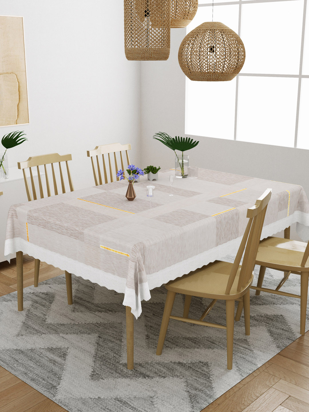 

DREAM WEAVERZ Grey Printed PVC Anti -Slip 4 Seater Table Cover, Beige