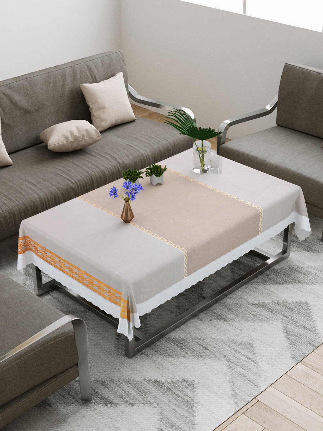 

DREAM WEAVERZ Grey Printed PVC Anti-Slip 4-Seater Table Covers, Beige