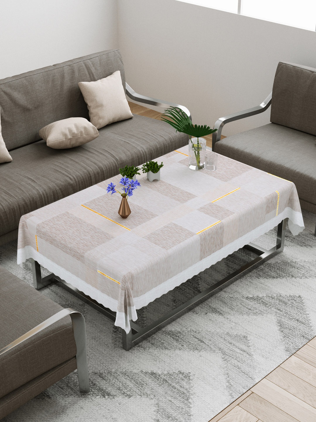 

DREAM WEAVERZ Beige Printed PVC Anti-Slip 4-Seater Table Cover
