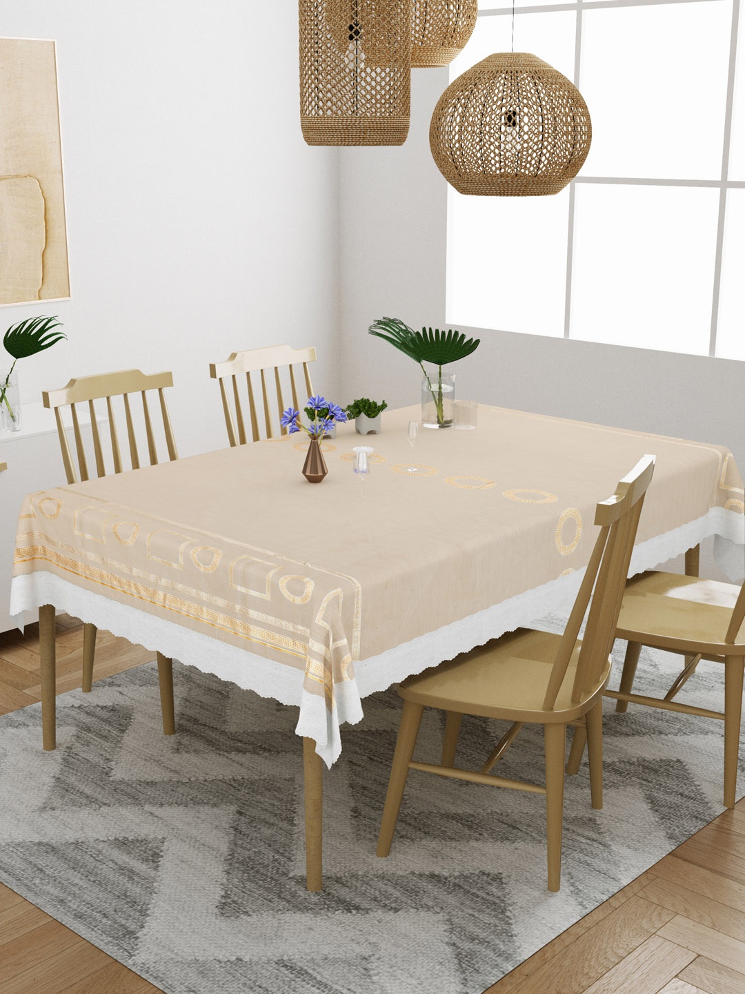

DREAM WEAVERZ Beige Printed PVC Anti-Slip 4-Seater Table Covers