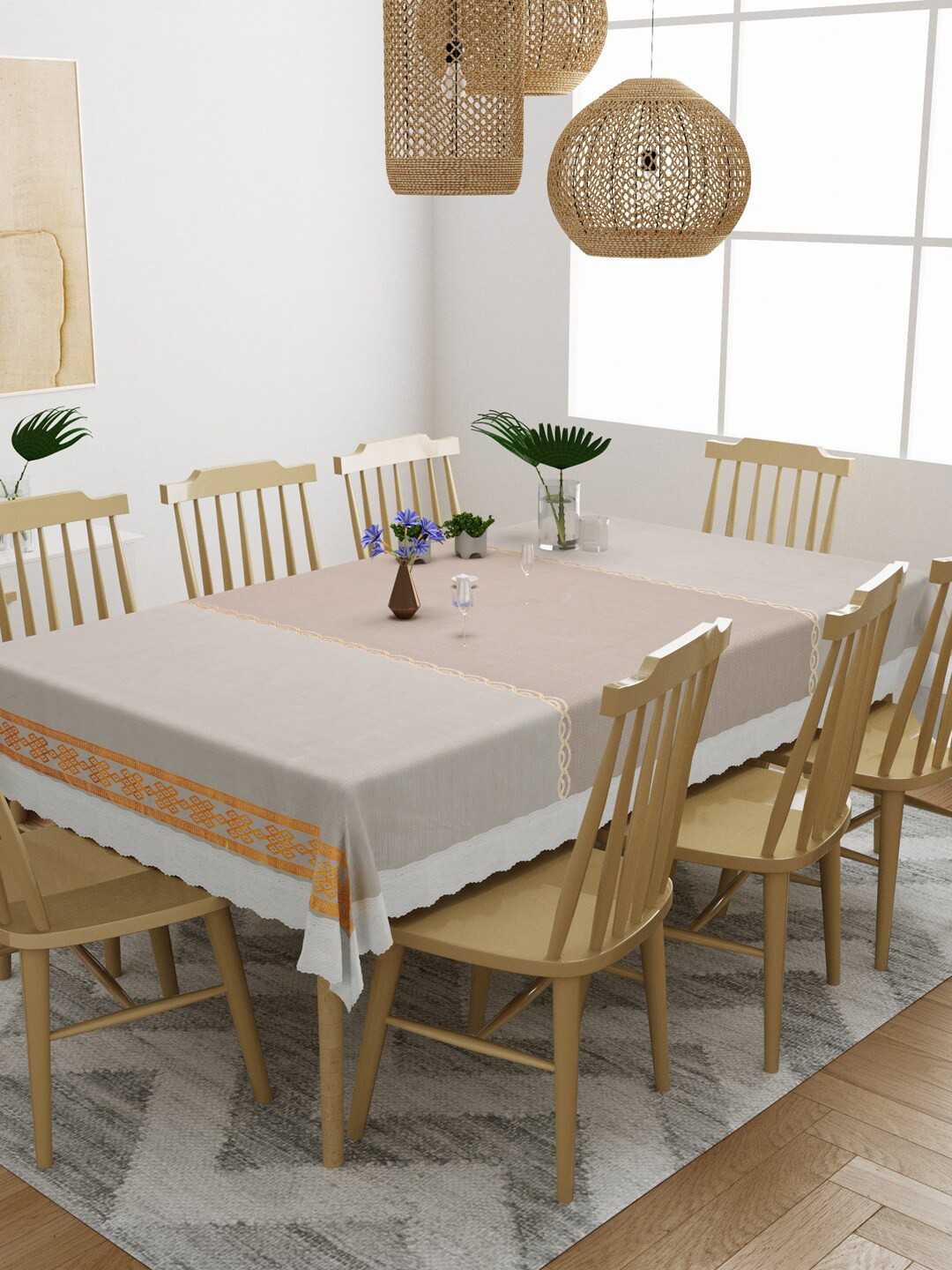 

DREAM WEAVERZ Beige Printed PVC Anti-Slip 8-Seater Table Covers