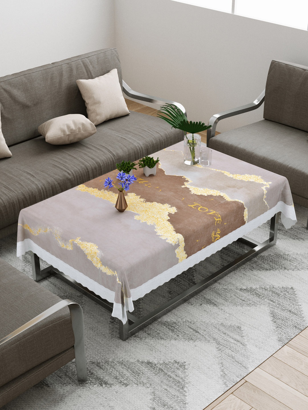 

DREAM WEAVERZ Brown & Beige Printed PVC Anti-Slip 4-Seater Table Cover