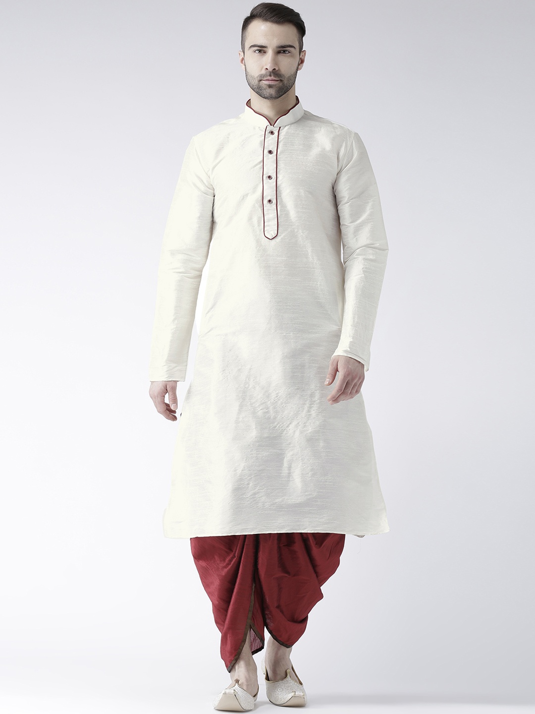 

DEYANN Men Off-White & Red Self-Design Kurta with Dhoti Pants