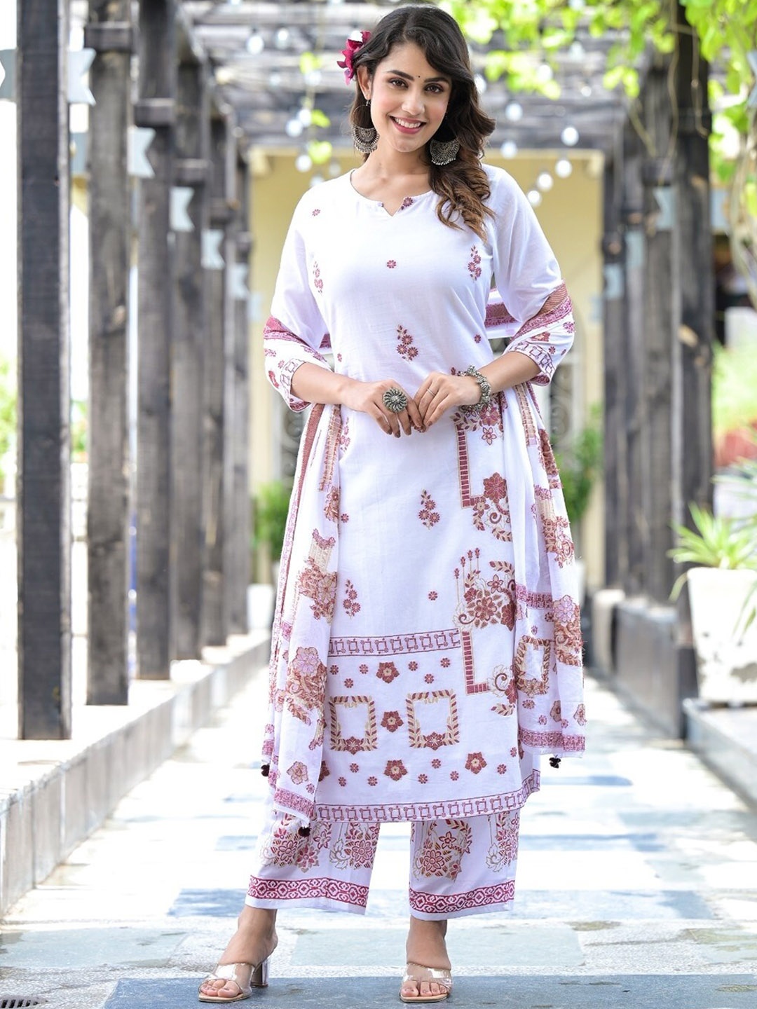 

Ramas Floral Woven Design Pure Cotton Straight Kurta & Trousers with Dupatta, White