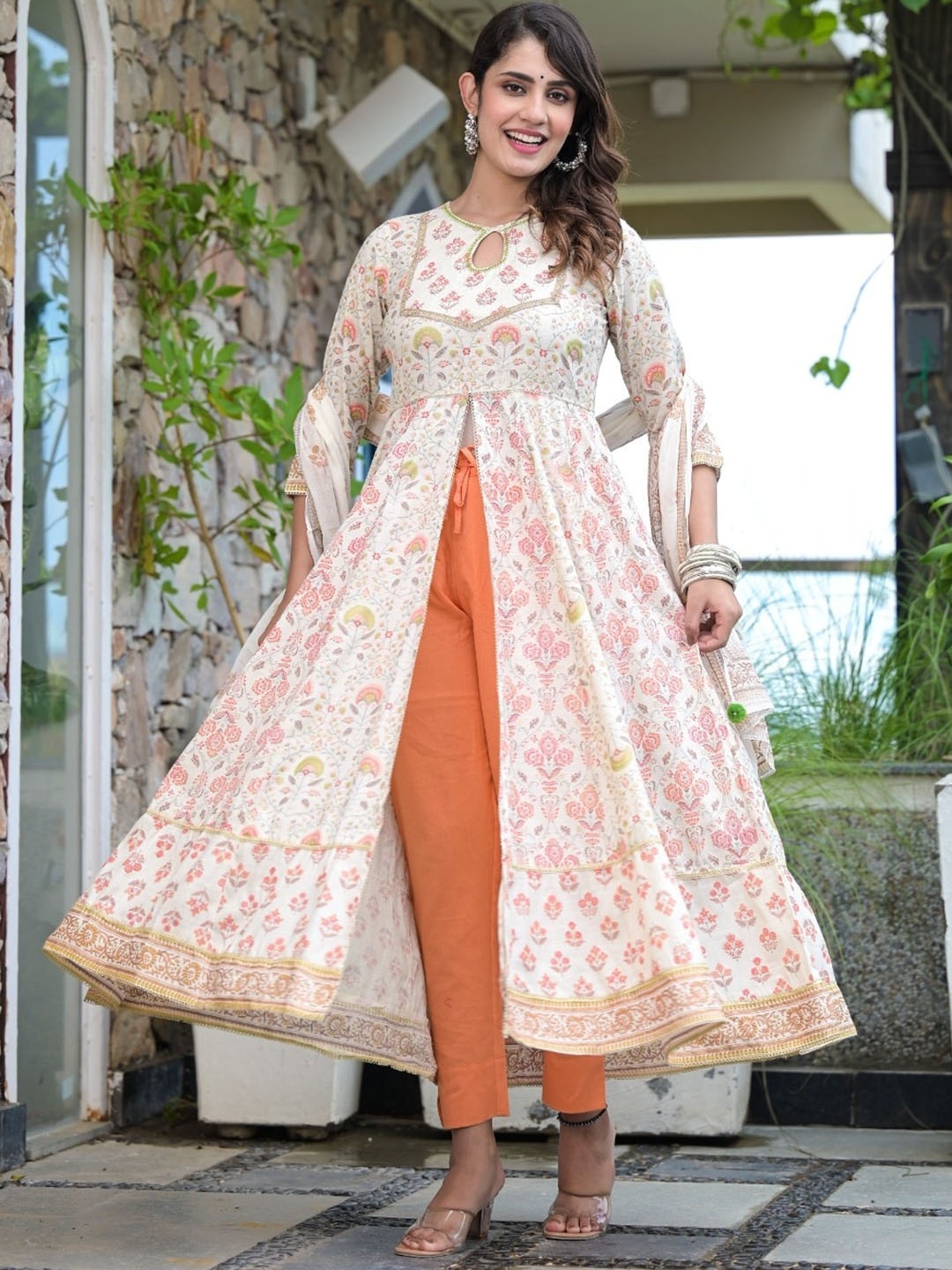 

Ramas Floral Printed Pure Cotton Anarkali Kurta & Trousers with Dupatta, Off white