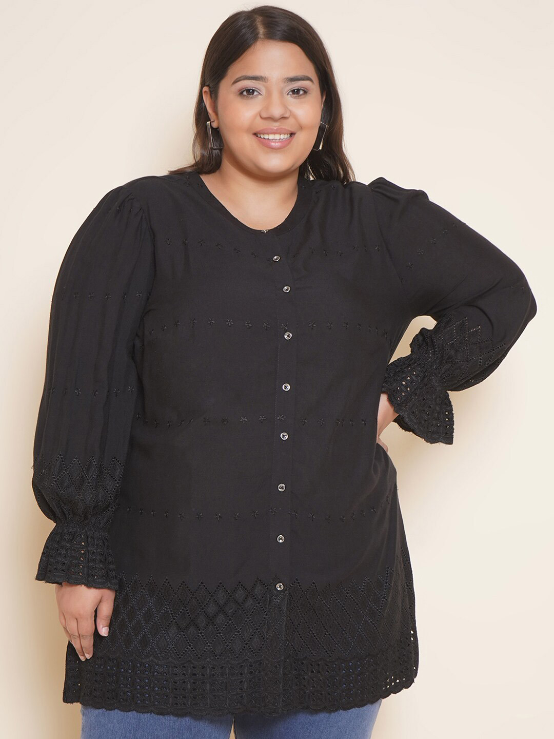 

Kiaahvi by JOHN PRIDE Self Design Puff Sleeve Cotton Top, Black