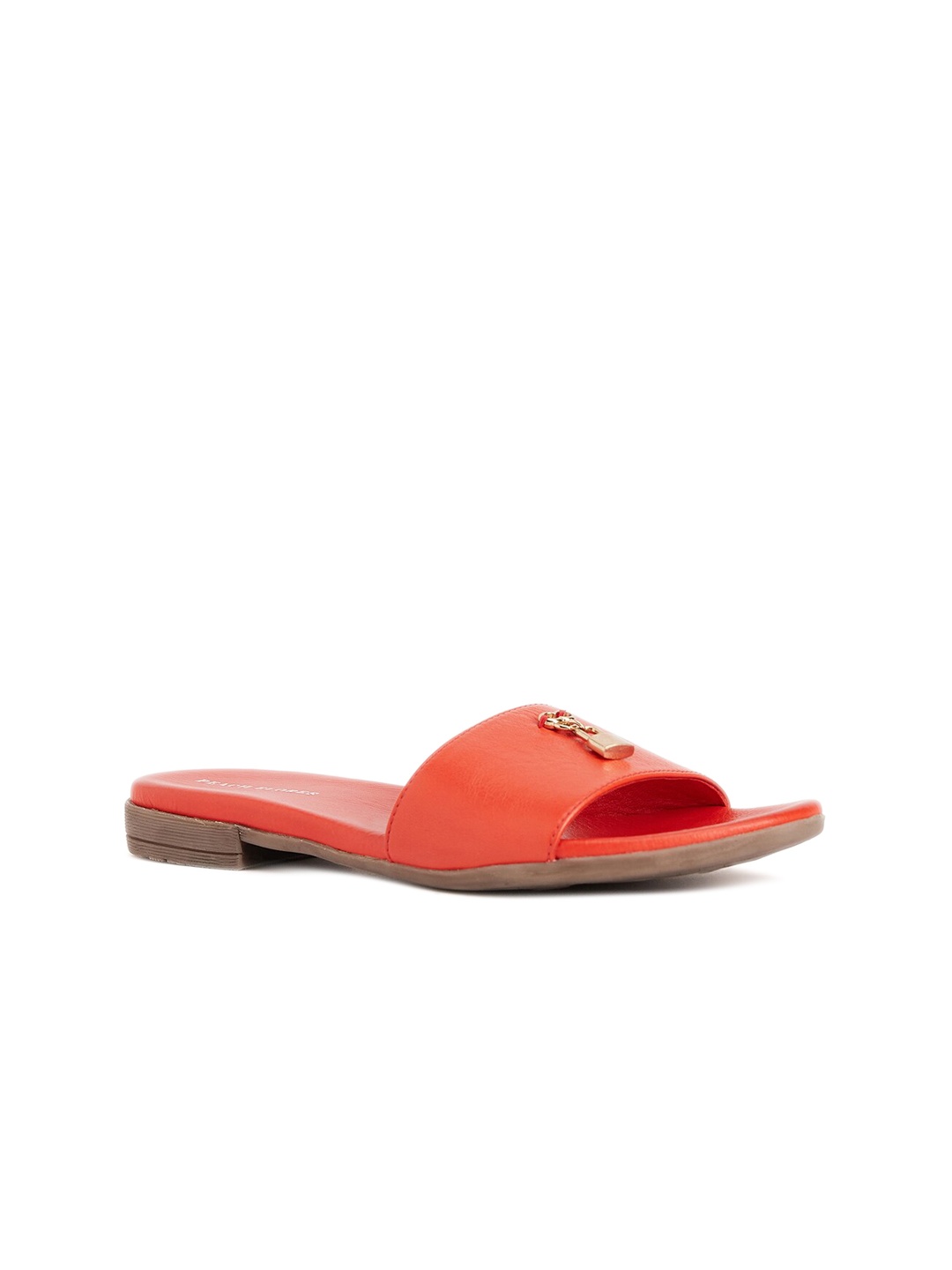 

Peach Flores Embellished Leather Open Toe Flats, Red