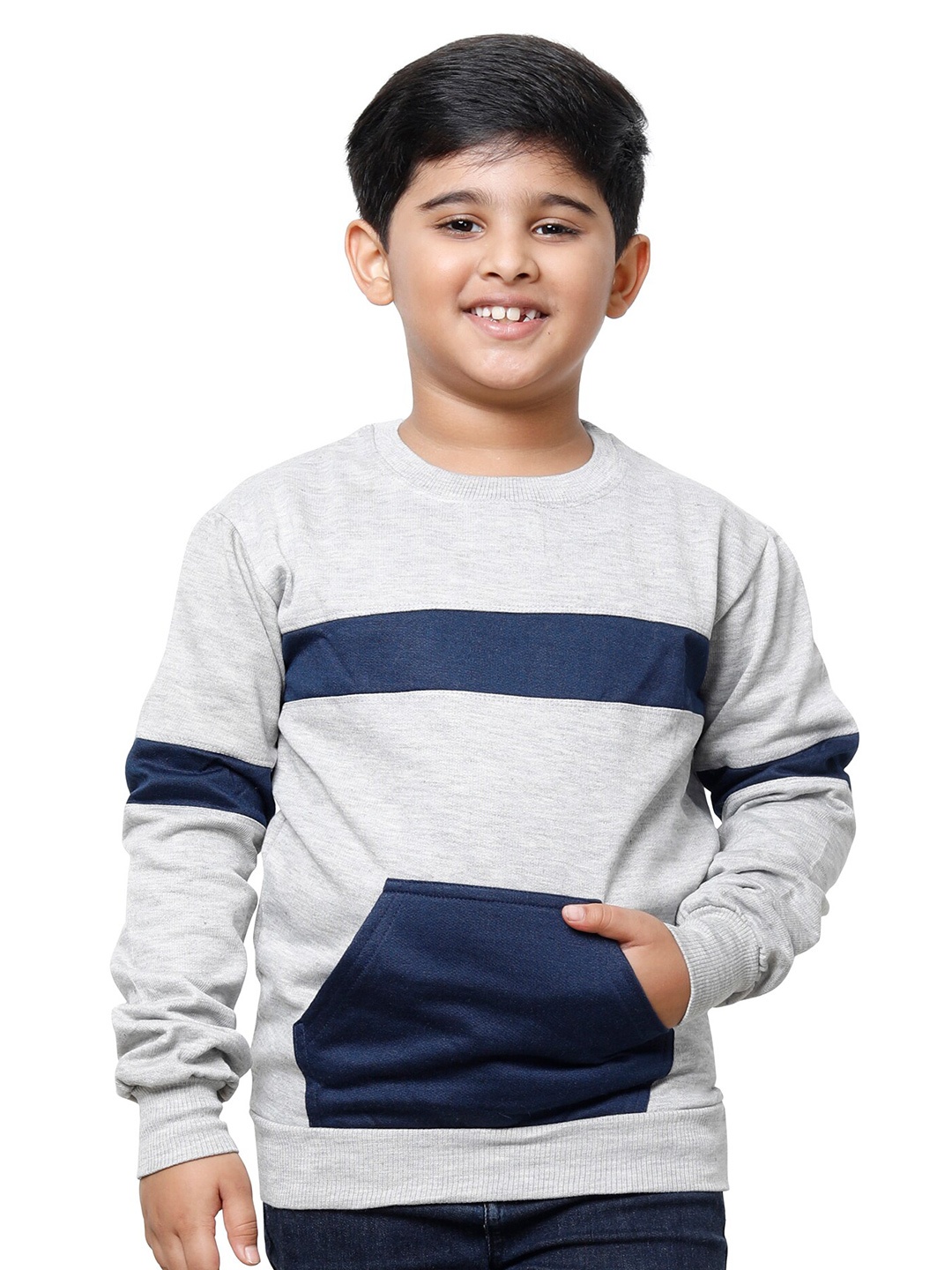 

IndiWeaves Boys Striped Round Neck Sweatshirt, Grey