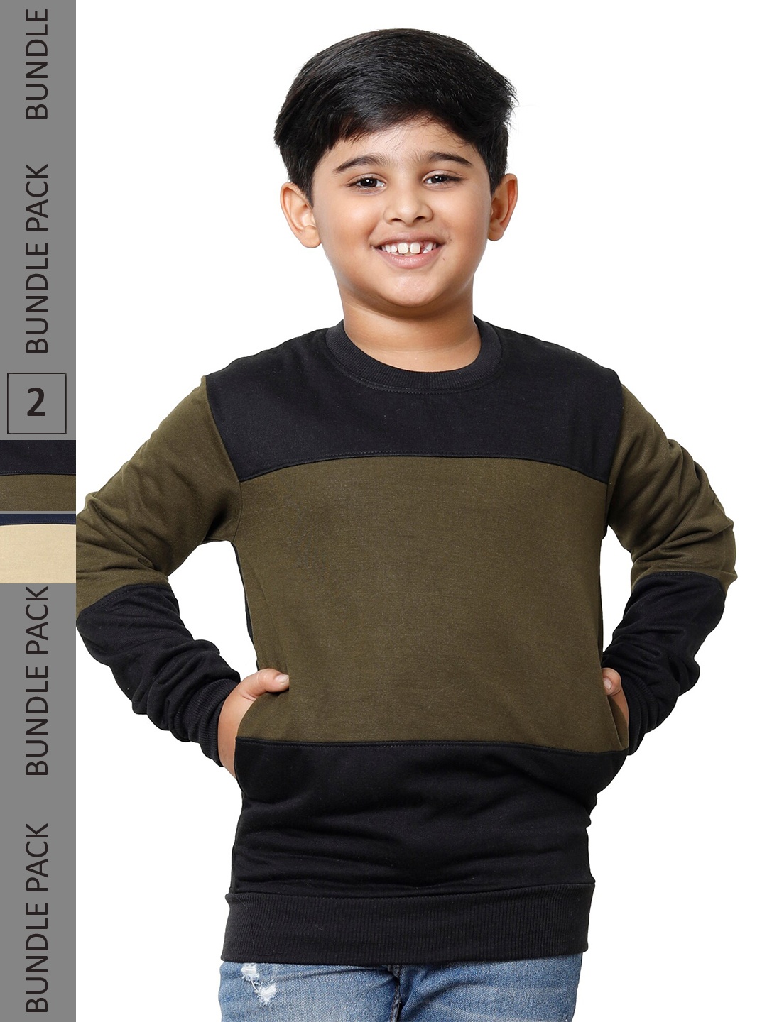 

IndiWeaves Boys Pack Of 2 Colourblocked Fleece Sweatshirt, Olive