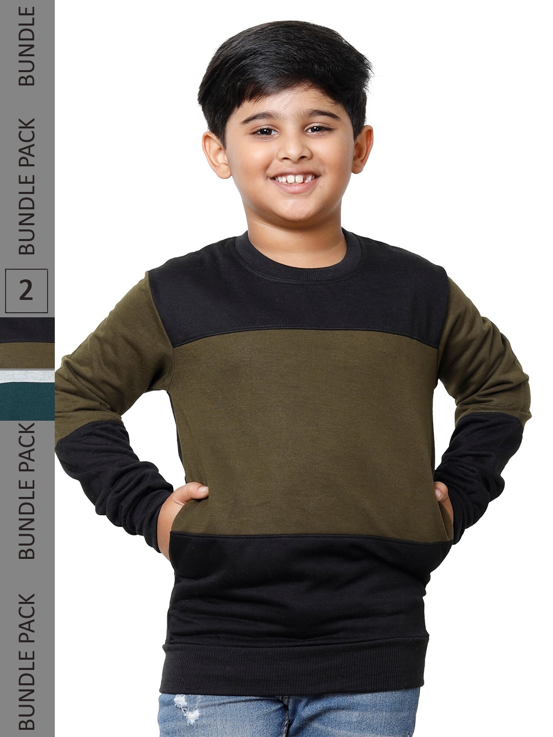 

IndiWeaves Boys Pack Of 2 Colourblocked Long Sleeves Fleece Sweatshirt, Olive