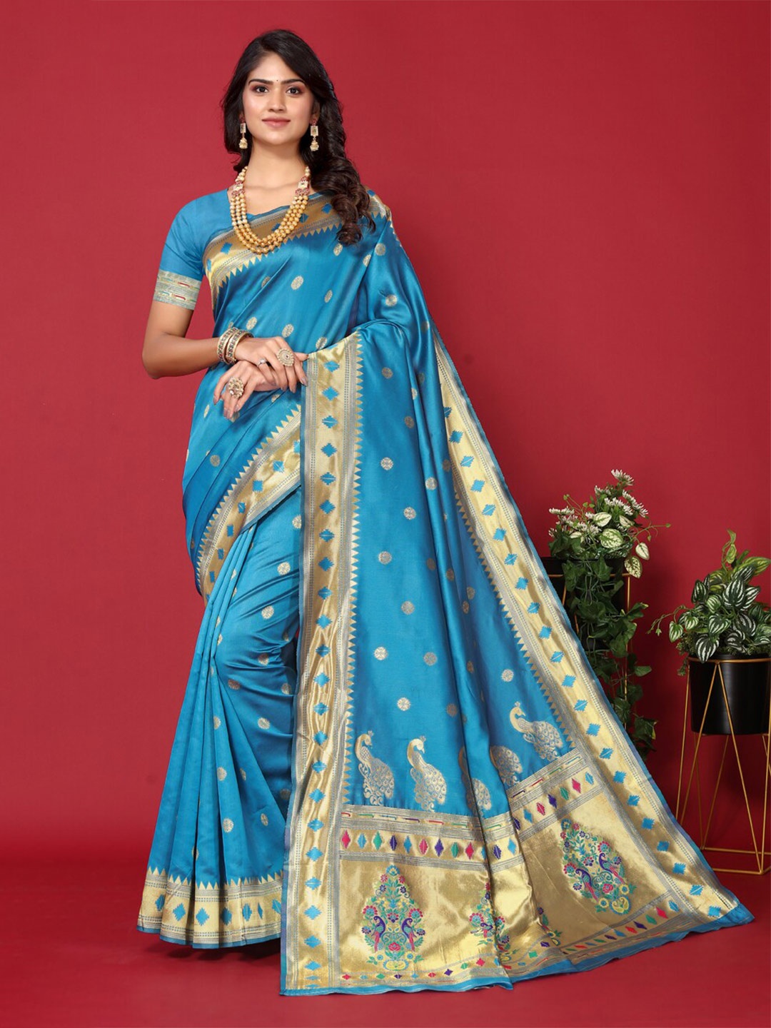 

DIVASTRI Ethnic Motifs Woven Design Zari Paithani Saree, Blue