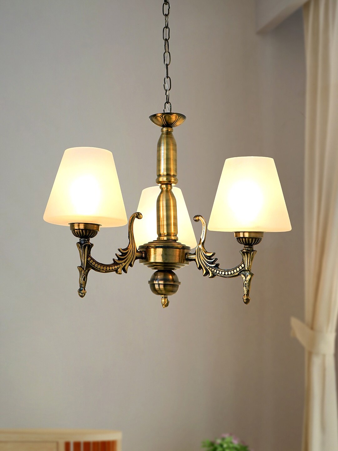 

Fos Lighting White Metal 3-Light Mini Chandelier with Tapered Frosted Glass Shades, Gold