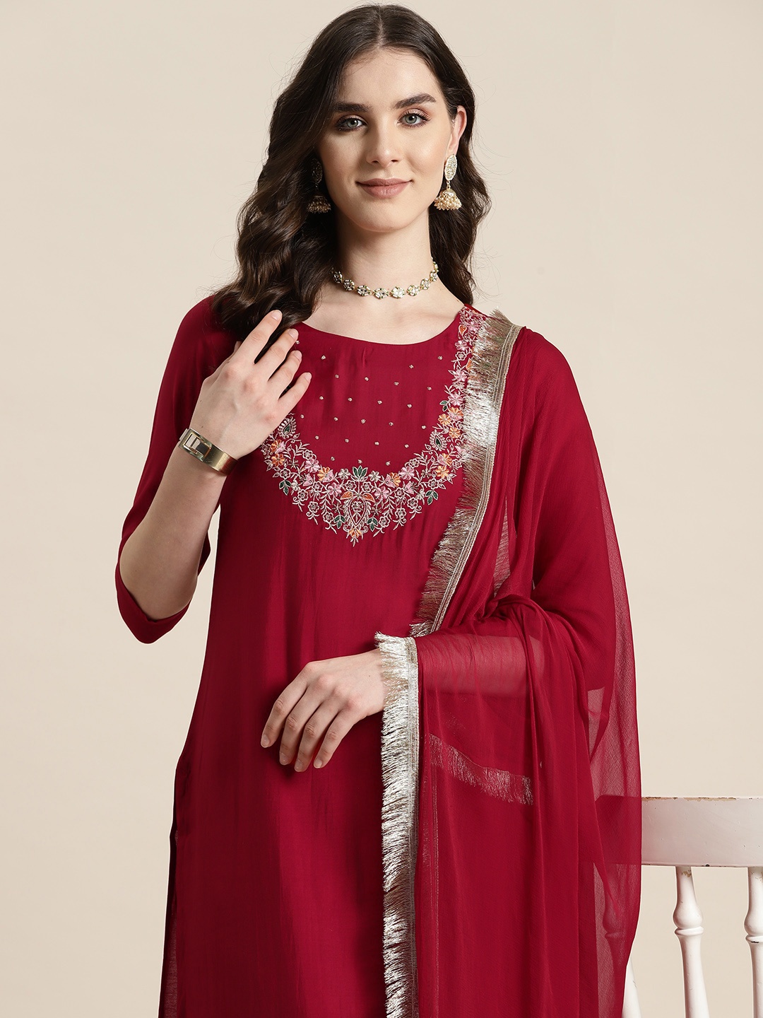 

HERE&NOW Floral Embroidered Regular Sequinned Kurta with Trousers & Dupatta, Red