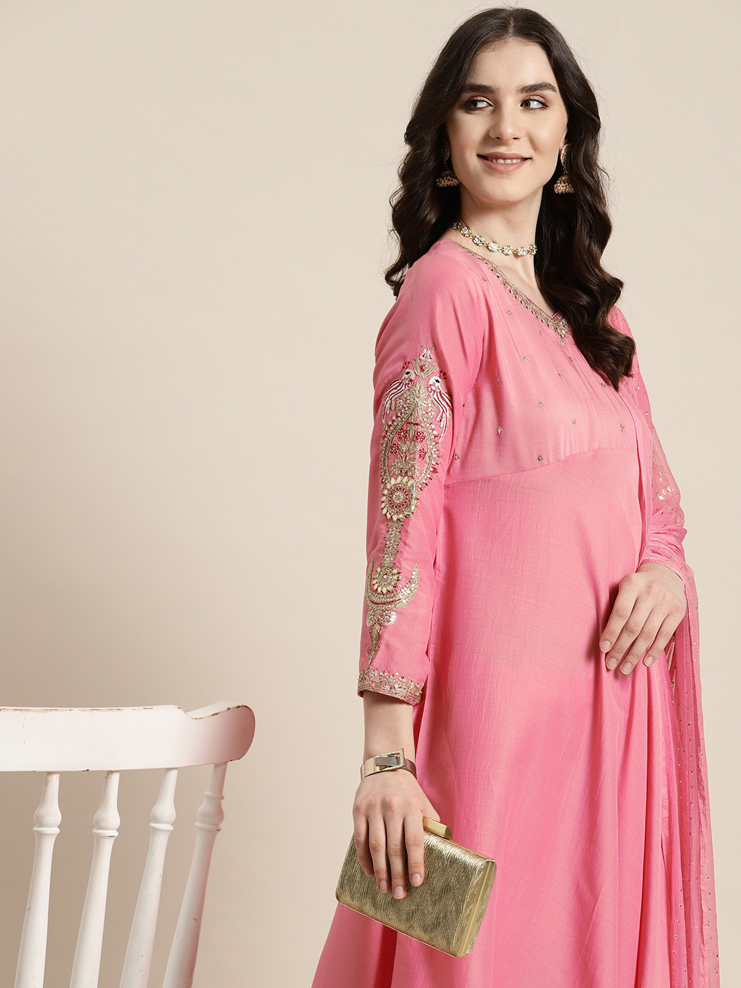 

HERE&NOW Ethnic Motifs Embroidered Empire Sequinned Kurta with Trousers & Dupatta, Pink