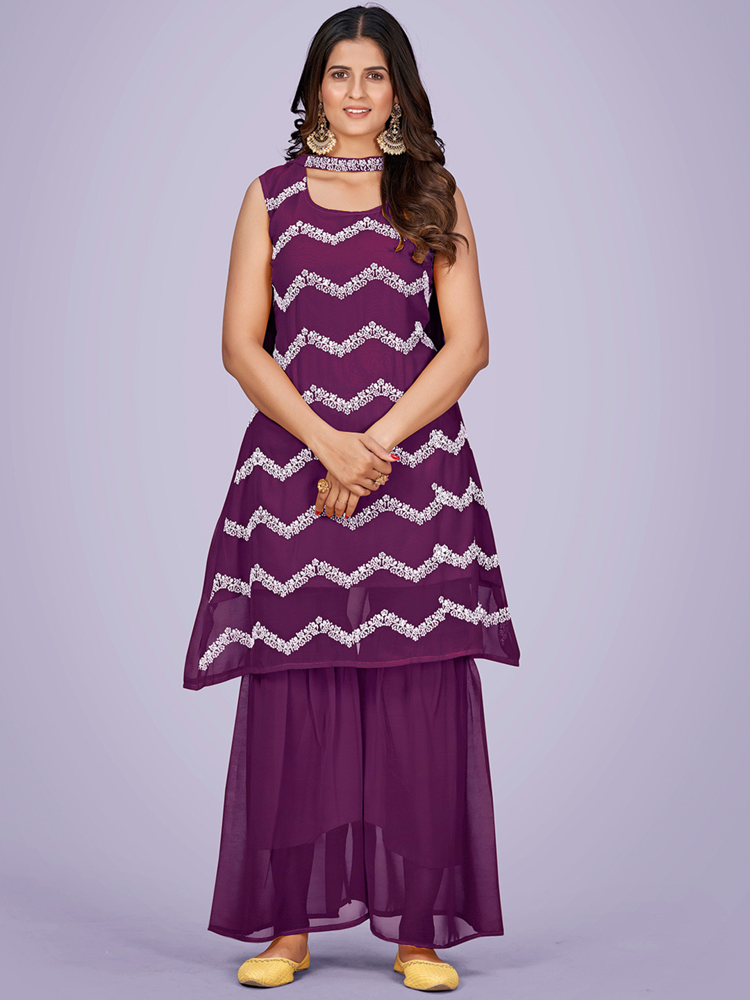 

KALINI Floral Embroidered Thread Work Detailed A-Line Kurta & Sharara with Dupatta, Purple