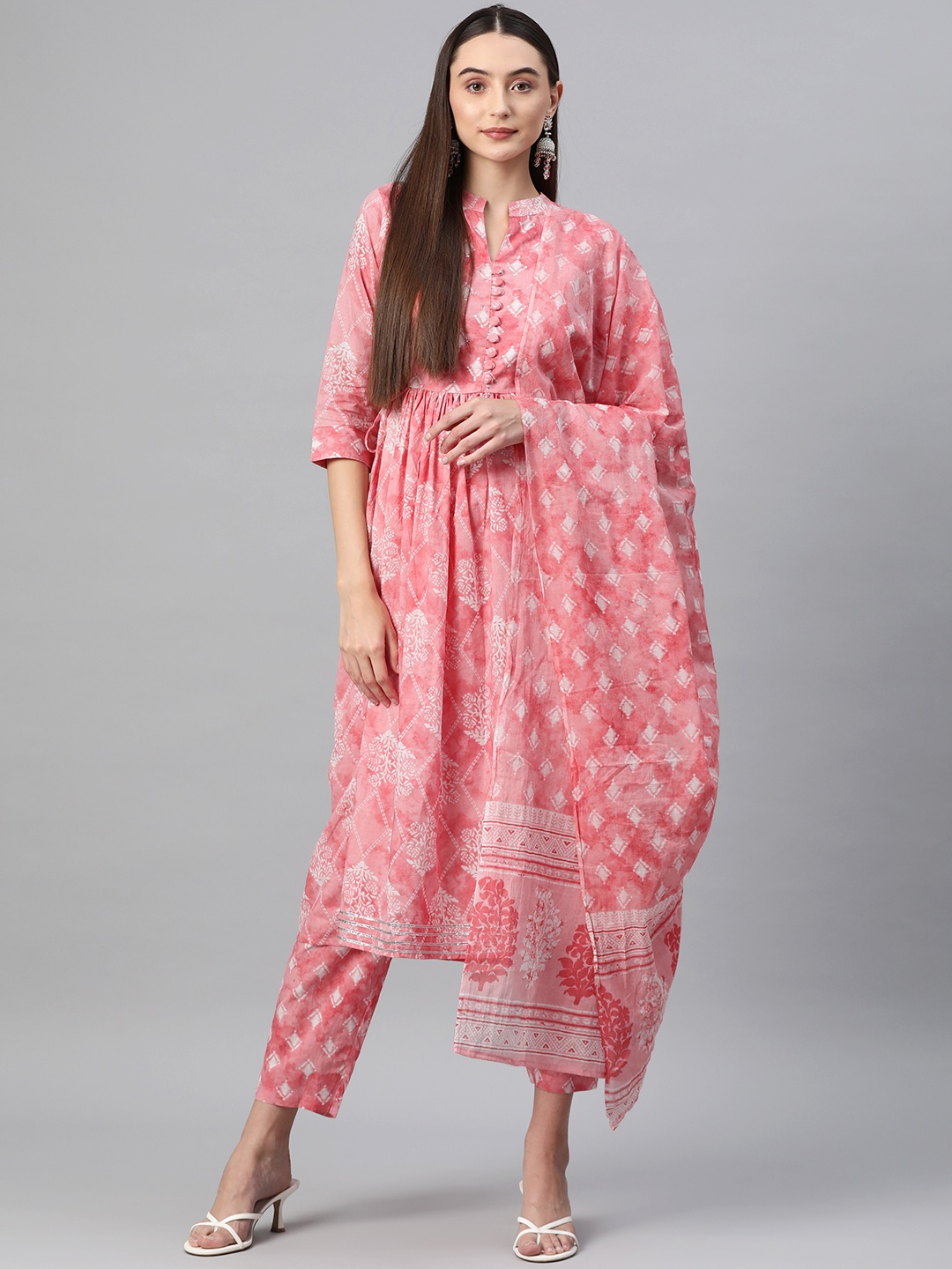 

Readiprint Floral Printed Pleated Sequinned Pure Cotton Kurta Set, Pink