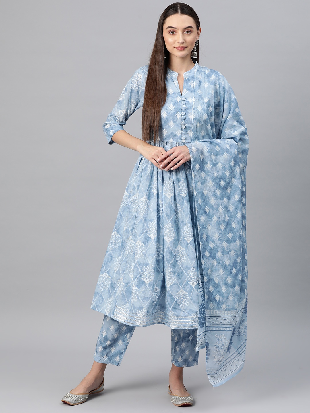 

Readiprint Fashions Ethnic Motifs Printed Pleated Sequinned Pure Cotton Kurta Set, Blue