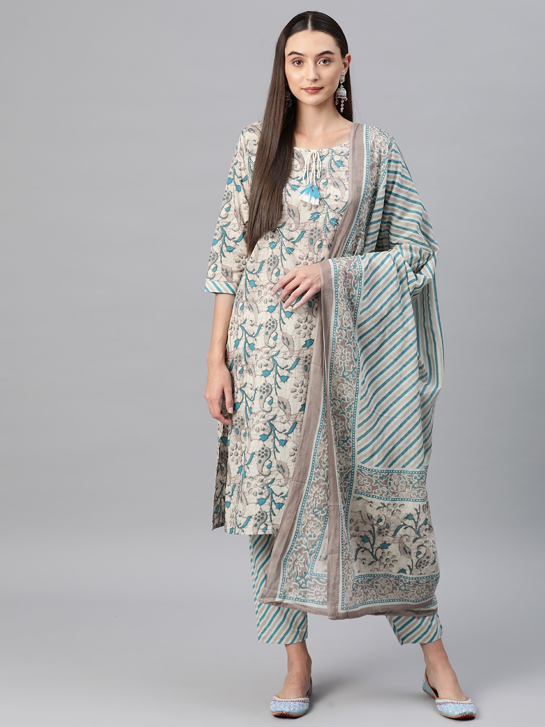 

Readiprint Fashions Floral Printed Kantha Work Pure Cotton Kurta with Trousers & Dupatta, Blue