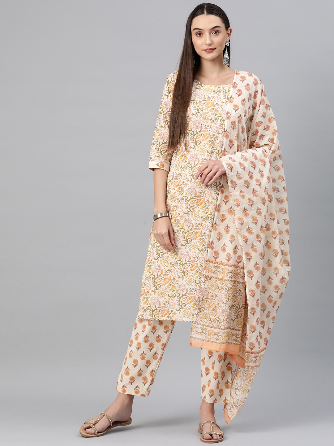 

Readiprint Women Beige Floral Printed Regular Sequinned Pure Cotton Kurta with Palazzos & With