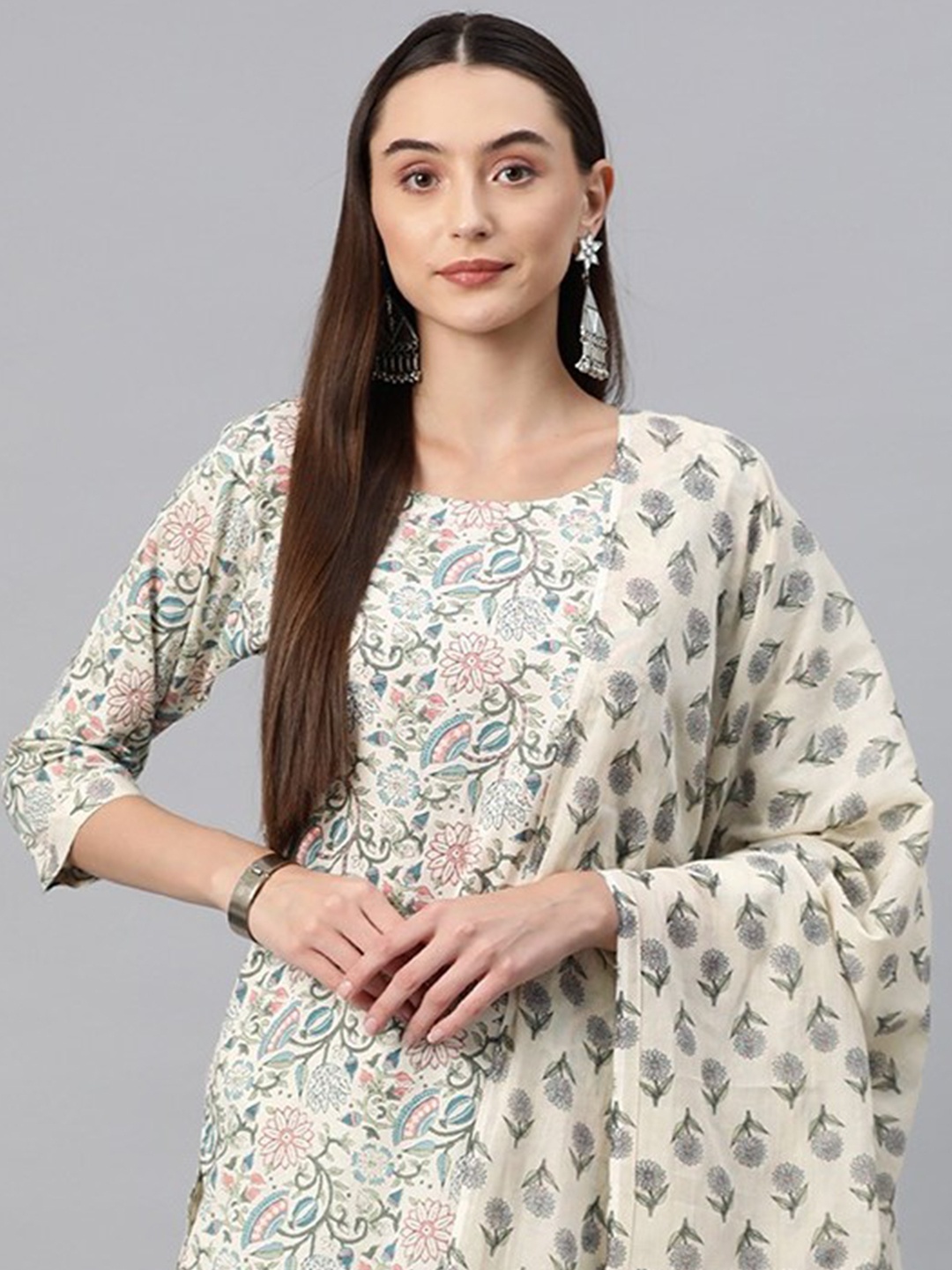 

Readiprint Women Floral Printed Sequinned Cotton Kurta with Palazzos & Dupatta, Green