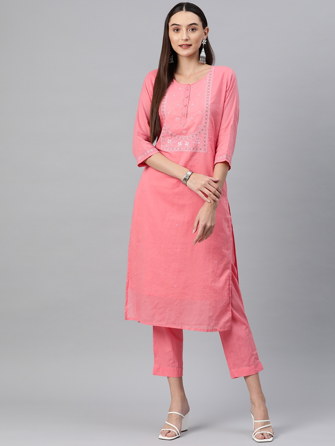 

Readiprint Women Pink Floral Embroidered Regular Sequinned Pure Cotton Kurta with Palazzos