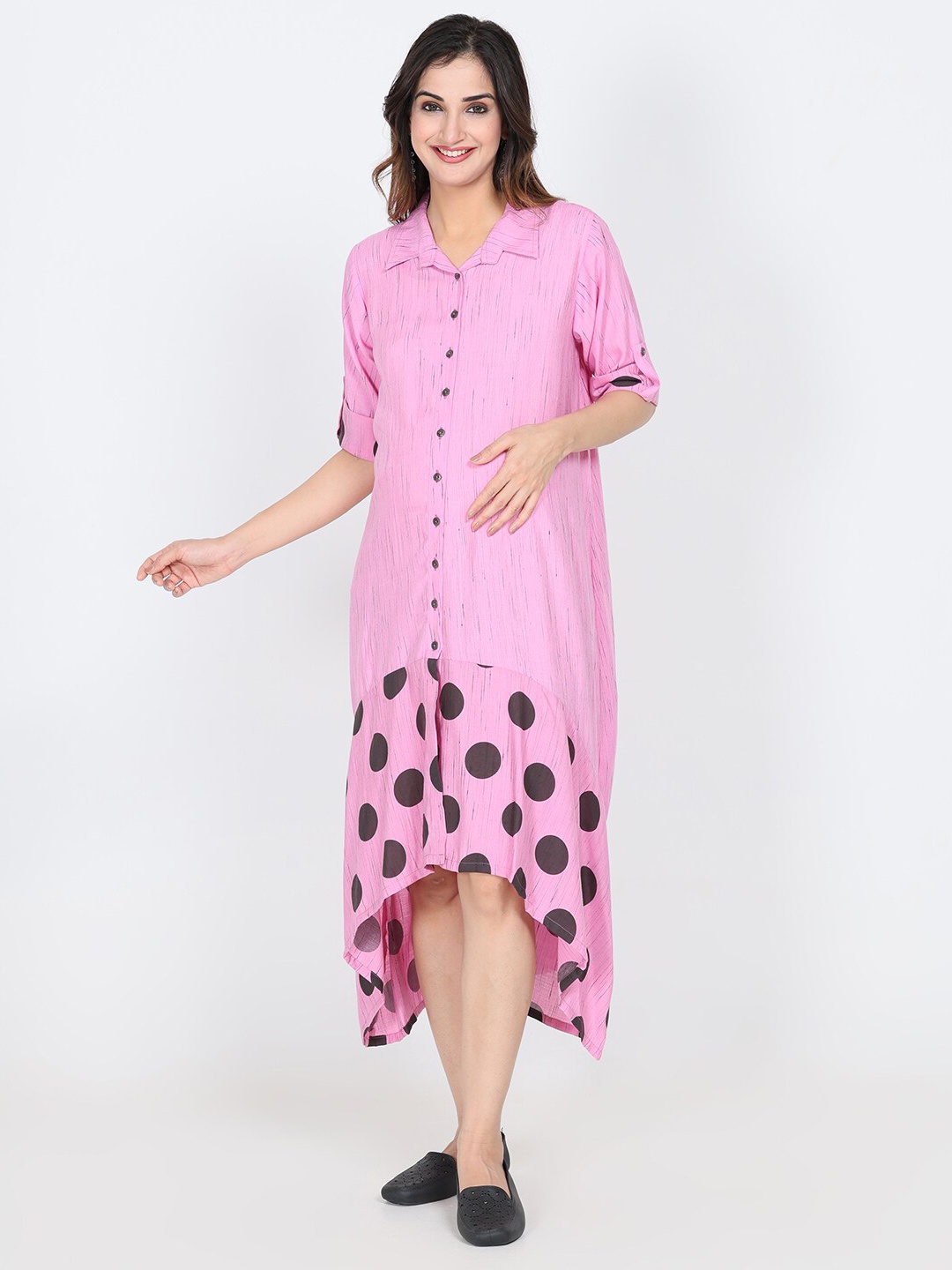 

CHARISMOMIC Polka Dot Printed Maternity Shirt Style Midi Dress, Pink