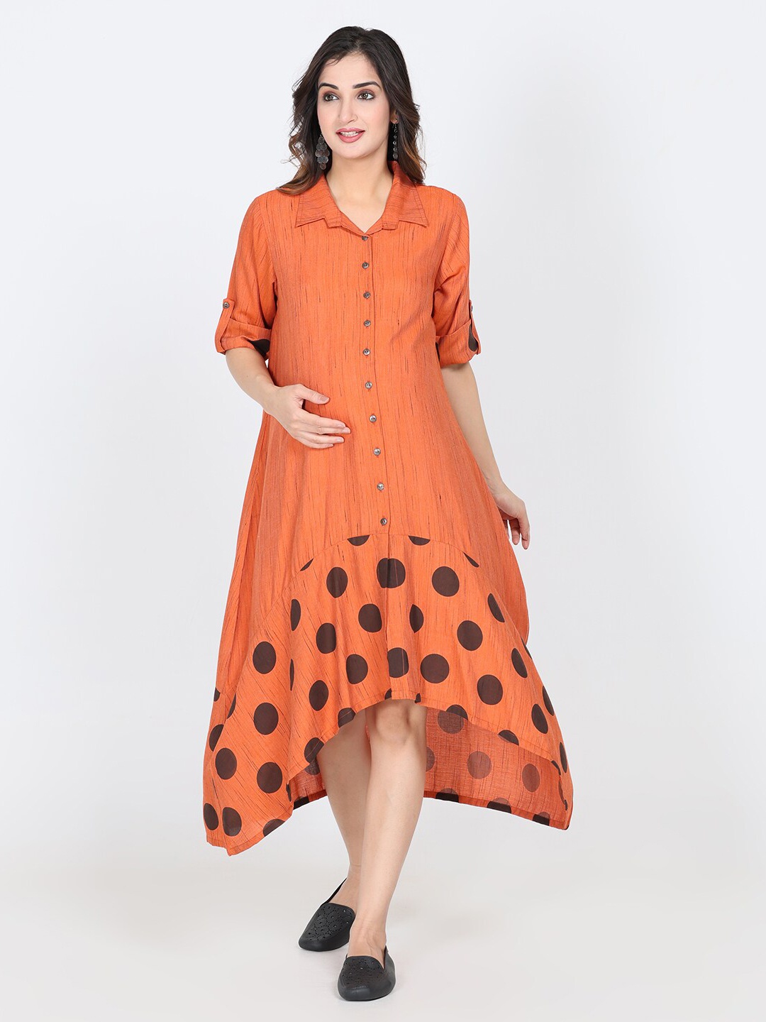 

CHARISMOMIC Polka Dots Printed Maternity A-Line Midi Dress, Orange