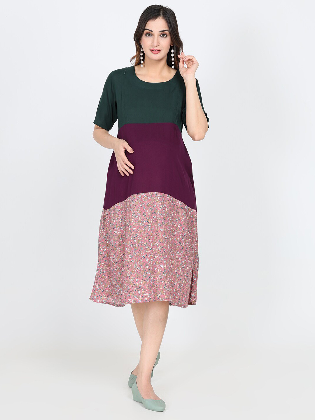 

CHARISMOMIC Colourblocked Maternity A Line Dress, Green