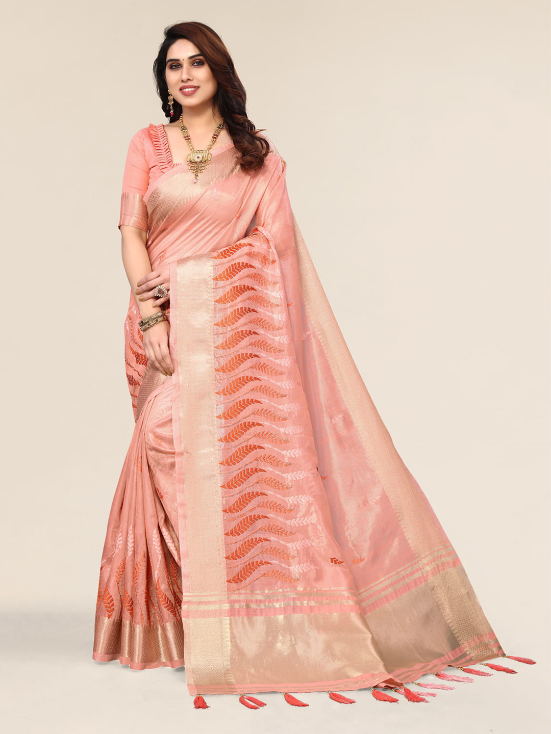 

ALAGINI Floral Embroidered Silk Blend Leheriya Saree, Pink