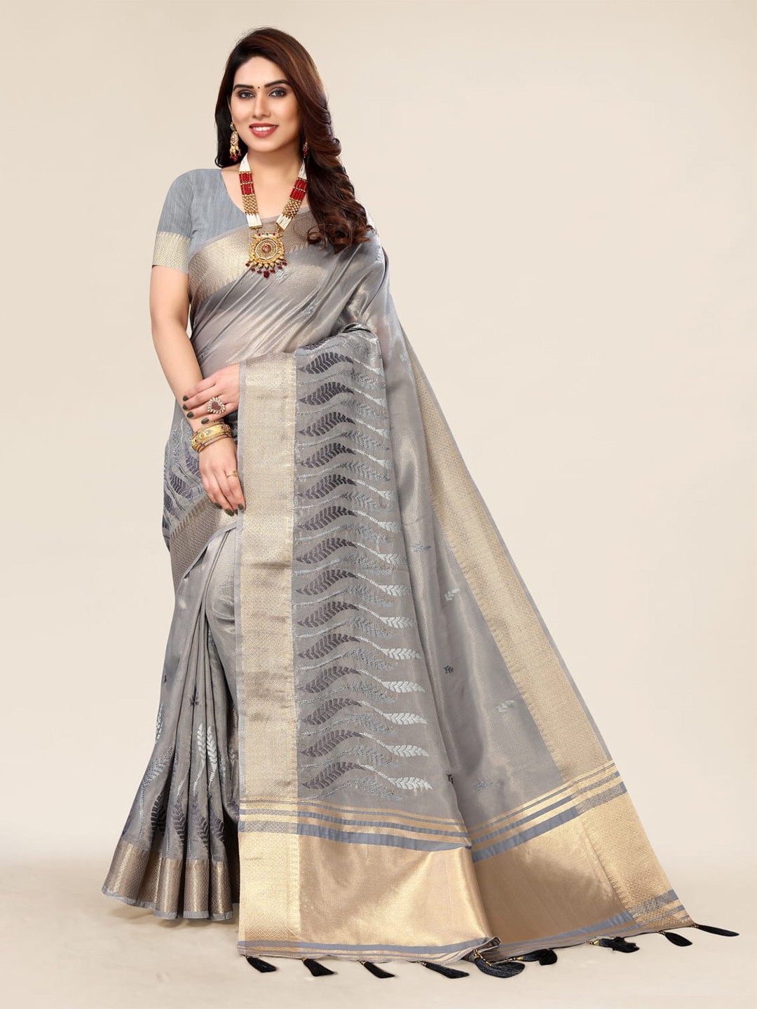 

ALAGINI Floral Embroidered Silk Blend Leheriya Saree, Grey