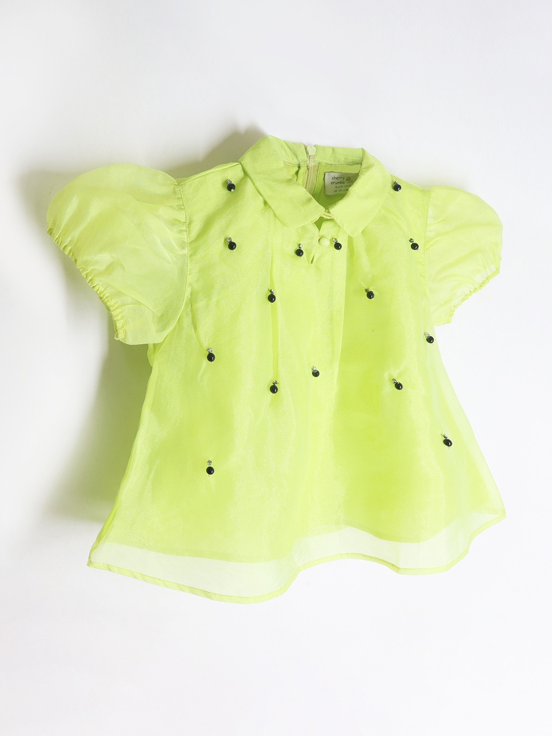 

Cherry Crumble Embellished Shirt Collar Puff Sleeve Top, Green