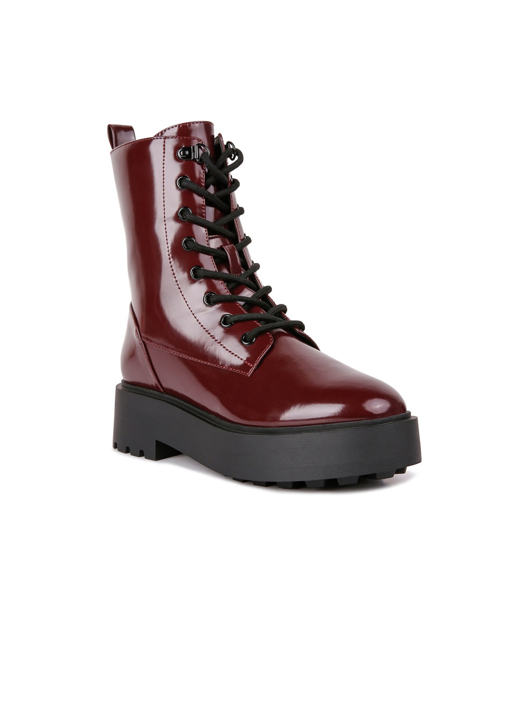 

London Rag Women Mid Top Platform Heel Biker Boots, Burgundy