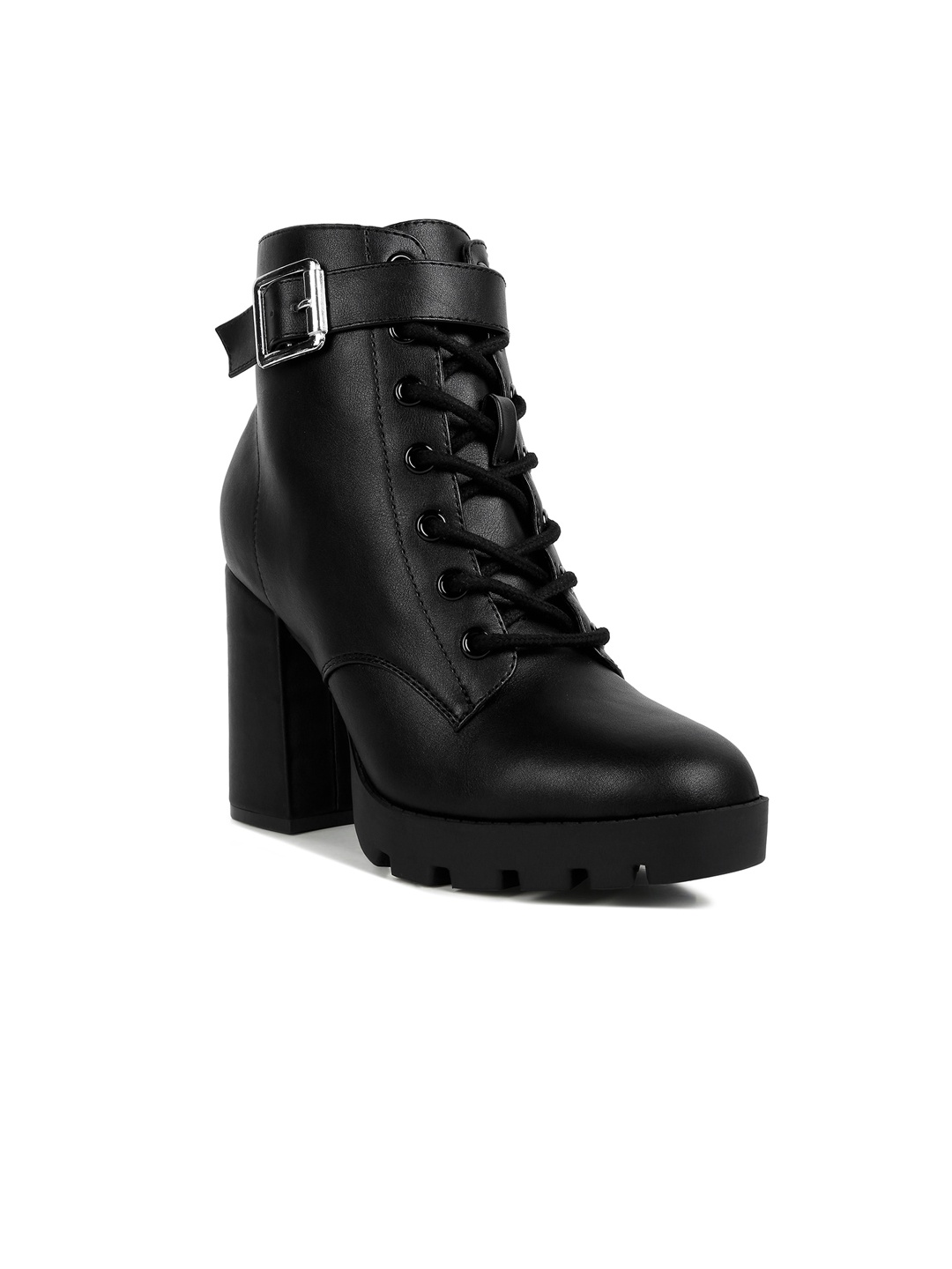 

London Rag Women Mid Top Platform Heel Regular Boots With Buckle Detail, Black