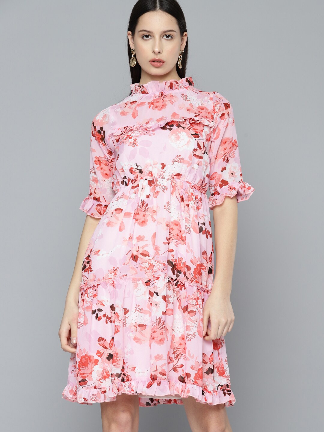 

WISSTLER Floral Printed High Neck Georgette Fit & Flare Dress, Peach