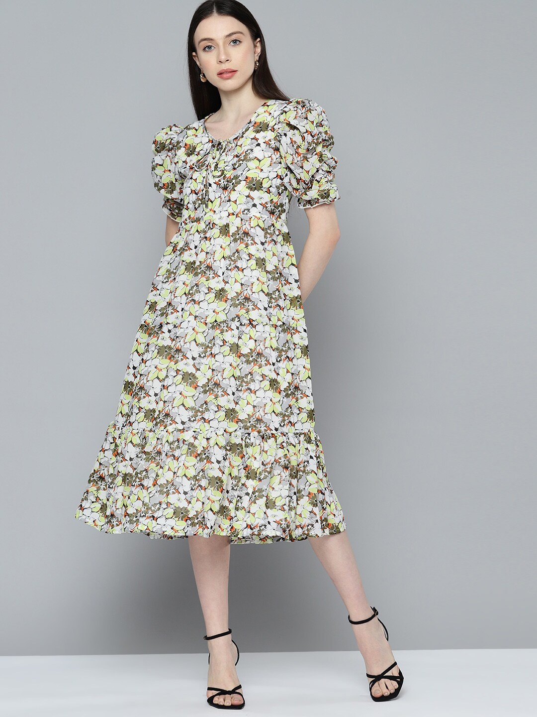 

WISSTLER Floral Printed Puff Sleeve Georgette A-Line Dress, Green