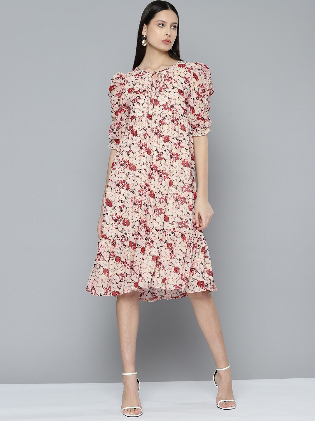 

WISSTLER Floral Printed Tie-Up Neck Puff Sleeves Georgette A-Line Dress, Peach