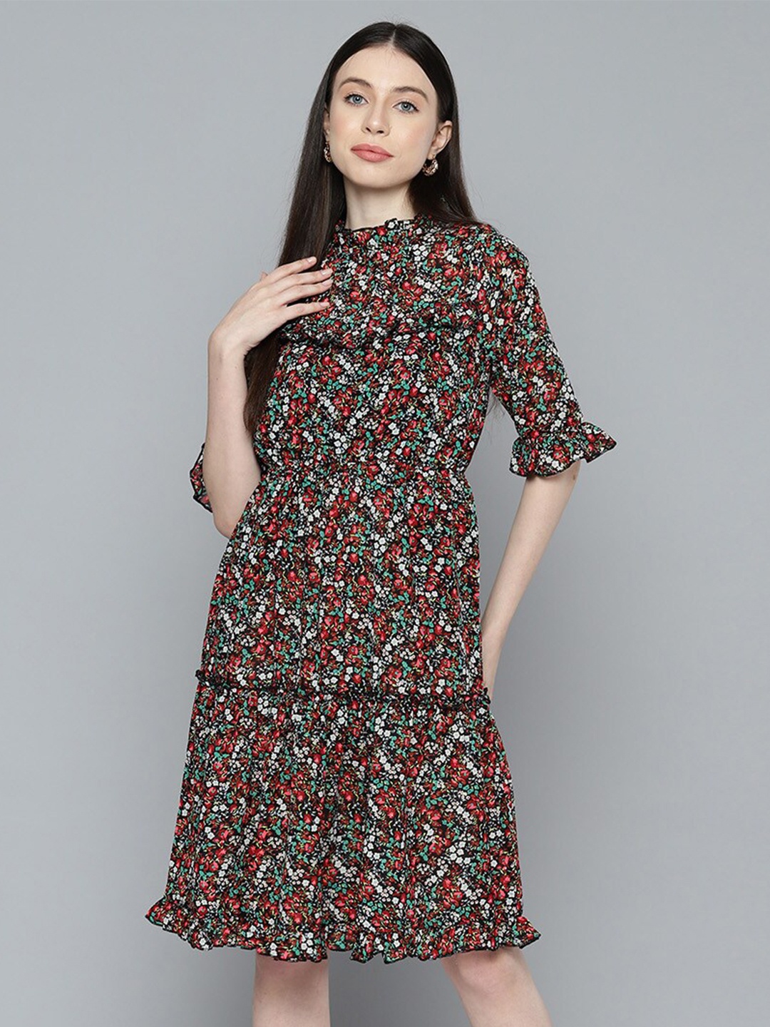 

WISSTLER Floral Printed Bell Sleeve Georgette Fit & Flare Dress, Black